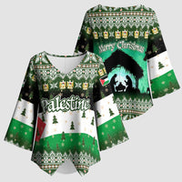 Palestine Christmas Kimono Sleeve Blouse with Green-White Theme, Tree Ornaments, and Nativity Scene Motif - Wonder Print Shop