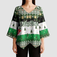 Palestine Christmas Kimono Sleeve Blouse with Green-White Theme, Tree Ornaments, and Nativity Scene Motif - Wonder Print Shop