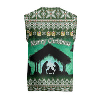 Palestine Christmas Knitted V-Neck Vest with Green-White Theme, Tree Ornaments, and Nativity Scene Motif - Wonder Print Shop