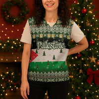Palestine Christmas Knitted V-Neck Vest with Green-White Theme, Tree Ornaments, and Nativity Scene Motif - Wonder Print Shop