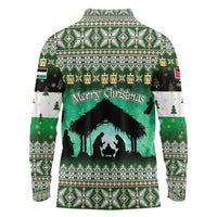 Palestine Christmas Long Sleeve Polo Shirt with Green-White Theme, Tree Ornaments, and Nativity Scene Motif - Wonder Print Shop