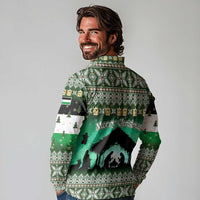 Palestine Christmas Long Sleeve Polo Shirt with Green-White Theme, Tree Ornaments, and Nativity Scene Motif - Wonder Print Shop