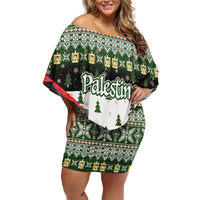 Palestine Christmas Off Shoulder Short Dress with Green-White Theme, Tree Ornaments, and Nativity Scene Motif - Wonder Print Shop
