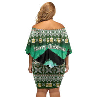 Palestine Christmas Off Shoulder Short Dress with Green-White Theme, Tree Ornaments, and Nativity Scene Motif - Wonder Print Shop