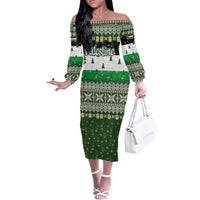 Palestine Christmas Off The Shoulder Long Sleeve Dress with Green-White Theme, Tree Ornaments, and Nativity Scene Motif - Wonder Print Shop