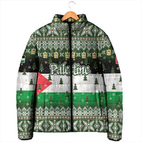 Palestine Christmas Padded Jacket with Green-White Theme, Tree Ornaments, and Nativity Scene Motif - Wonder Print Shop
