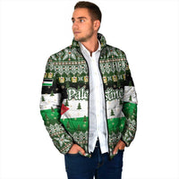 Palestine Christmas Padded Jacket with Green-White Theme, Tree Ornaments, and Nativity Scene Motif - Wonder Print Shop