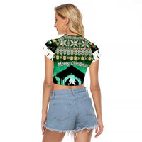 Palestine Christmas Raglan Cropped T Shirt with Green-White Theme, Tree Ornaments, and Nativity Scene Motif - Wonder Print Shop