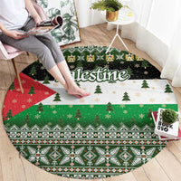 Palestine Christmas Round Carpet with Green-White Theme, Tree Ornaments, and Nativity Scene Motif - Wonder Print Shop