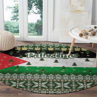 Palestine Christmas Round Carpet with Green-White Theme, Tree Ornaments, and Nativity Scene Motif - Wonder Print Shop
