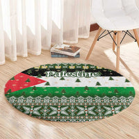 Palestine Christmas Round Carpet with Green-White Theme, Tree Ornaments, and Nativity Scene Motif - Wonder Print Shop