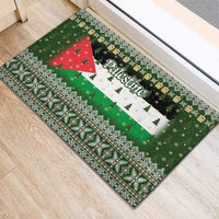Palestine Christmas Rubber Doormat with Green-White Theme, Tree Ornaments, and Nativity Scene Motif - Wonder Print Shop