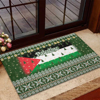 Palestine Christmas Rubber Doormat with Green-White Theme, Tree Ornaments, and Nativity Scene Motif - Wonder Print Shop