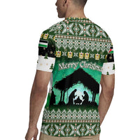 Palestine Christmas Rugby Jersey with Green-White Theme, Tree Ornaments, and Nativity Scene Motif - Wonder Print Shop