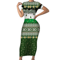 Palestine Christmas Short Sleeve Bodycon Dress with Green-White Theme, Tree Ornaments, and Nativity Scene Motif - Wonder Print Shop