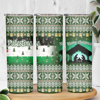 Palestine Christmas Skinny Tumbler with Green-White Theme, Tree Ornaments, and Nativity Scene Motif - Wonder Print Shop