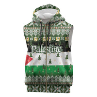 Palestine Christmas Sleeveless Zip Hoodie with Green-White Theme, Tree Ornaments, and Nativity Scene Motif - Wonder Print Shop