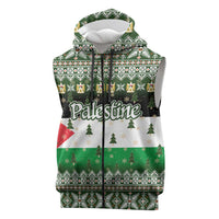 Palestine Christmas Sleeveless Zip Hoodie with Green-White Theme, Tree Ornaments, and Nativity Scene Motif - Wonder Print Shop