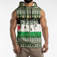 Palestine Christmas Sleeveless Zip Hoodie with Green-White Theme, Tree Ornaments, and Nativity Scene Motif - Wonder Print Shop