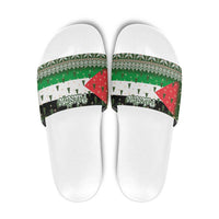 Palestine Christmas Slide Sandals with Green-White Theme, Tree Ornaments, and Nativity Scene Motif - Wonder Print Shop