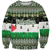 Palestine Christmas Sweatshirt with Green-White Theme, Tree Ornaments, and Nativity Scene Motif - Wonder Print Shop