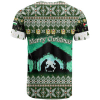 Palestine Christmas T Shirt with Green-White Theme, Tree Ornaments, and Nativity Scene Motif - Wonder Print Shop