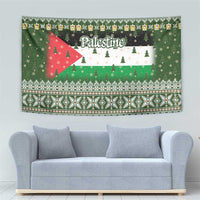 Palestine Christmas Tapestry with Green-White Theme, Tree Ornaments, and Nativity Scene Motif - Wonder Print Shop