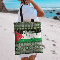 Palestine Christmas Tote Bag with Green-White Theme, Tree Ornaments, and Nativity Scene Motif - Wonder Print Shop
