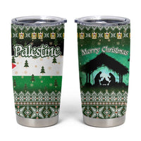 Palestine Christmas Tumbler Cup with Green-White Theme, Tree Ornaments, and Nativity Scene Motif - Wonder Print Shop