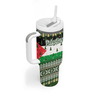 Palestine Christmas Tumbler With Handle with Green-White Theme, Tree Ornaments, and Nativity Scene Motif - Wonder Print Shop
