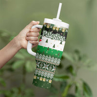 Palestine Christmas Tumbler With Handle with Green-White Theme, Tree Ornaments, and Nativity Scene Motif - Wonder Print Shop