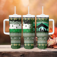 Palestine Christmas Tumbler With Handle with Green-White Theme, Tree Ornaments, and Nativity Scene Motif - Wonder Print Shop