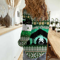 Palestine Christmas Women Casual Shirt with Green-White Theme, Tree Ornaments, and Nativity Scene Motif - Wonder Print Shop