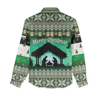 Palestine Christmas Women Casual Shirt with Green-White Theme, Tree Ornaments, and Nativity Scene Motif - Wonder Print Shop