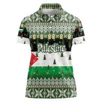 Palestine Christmas Women Polo Shirt with Green-White Theme, Tree Ornaments, and Nativity Scene Motif - Wonder Print Shop