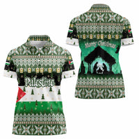 Palestine Christmas Women Polo Shirt with Green-White Theme, Tree Ornaments, and Nativity Scene Motif - Wonder Print Shop