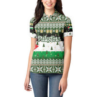 Palestine Christmas Women Polo Shirt with Green-White Theme, Tree Ornaments, and Nativity Scene Motif - Wonder Print Shop