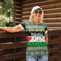 Palestine Christmas Women Polo Shirt with Green-White Theme, Tree Ornaments, and Nativity Scene Motif - Wonder Print Shop