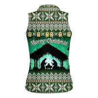 Palestine Christmas Women Sleeveless Polo Shirt with Green-White Theme, Tree Ornaments, and Nativity Scene Motif - Wonder Print Shop