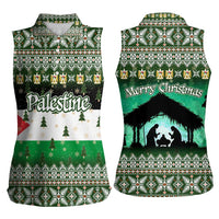 Palestine Christmas Women Sleeveless Polo Shirt with Green-White Theme, Tree Ornaments, and Nativity Scene Motif - Wonder Print Shop