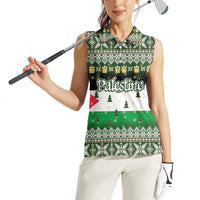 Palestine Christmas Women Sleeveless Polo Shirt with Green-White Theme, Tree Ornaments, and Nativity Scene Motif - Wonder Print Shop