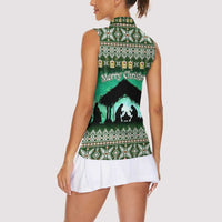 Palestine Christmas Women Sleeveless Polo Shirt with Green-White Theme, Tree Ornaments, and Nativity Scene Motif - Wonder Print Shop