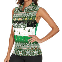 Palestine Christmas Women Sleeveless Polo Shirt with Green-White Theme, Tree Ornaments, and Nativity Scene Motif - Wonder Print Shop