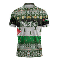Palestine Christmas Zipper Polo Shirt with Green-White Theme, Tree Ornaments, and Nativity Scene Motif - Wonder Print Shop