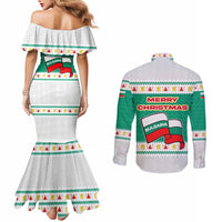 Bulgaria Christmas Couples Matching Mermaid Dress and Long Sleeve Button Shirt with Green-White Theme, Coat of Arms, and National Flag Motif - Wonder Print Shop
