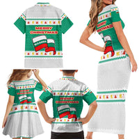 Bulgaria Christmas Family Matching Short Sleeve Bodycon Dress and Hawaiian Shirt with Green-White Theme, Coat of Arms, and National Flag Motif - Wonder Print Shop