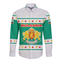 Bulgaria Christmas Long Sleeve Button Shirt with Green-White Theme, Coat of Arms, and National Flag Motif - Wonder Print Shop
