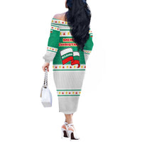 Bulgaria Christmas Off The Shoulder Long Sleeve Dress with Green-White Theme, Coat of Arms, and National Flag Motif - Wonder Print Shop