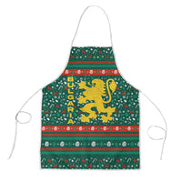 Bulgaria Christmas Apron with Green-Red Theme, Golden Lion, and Santa Sleigh Motif - Wonder Print Shop