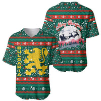 Bulgaria Christmas Baseball Jersey with Green-Red Theme, Golden Lion, and Santa Sleigh Motif - Wonder Print Shop